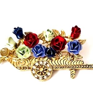 Retro cart full of roses brooch/ pin